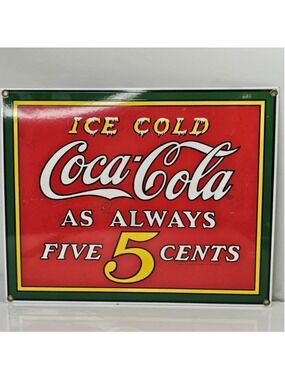 1990 Coca-Cola Ice Cold 5 Cents Porcelain Sign Vintage Style Soda Advertising